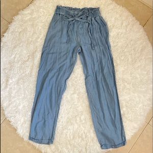 High Waisted Light Denim Linen Paper Bag Pants
